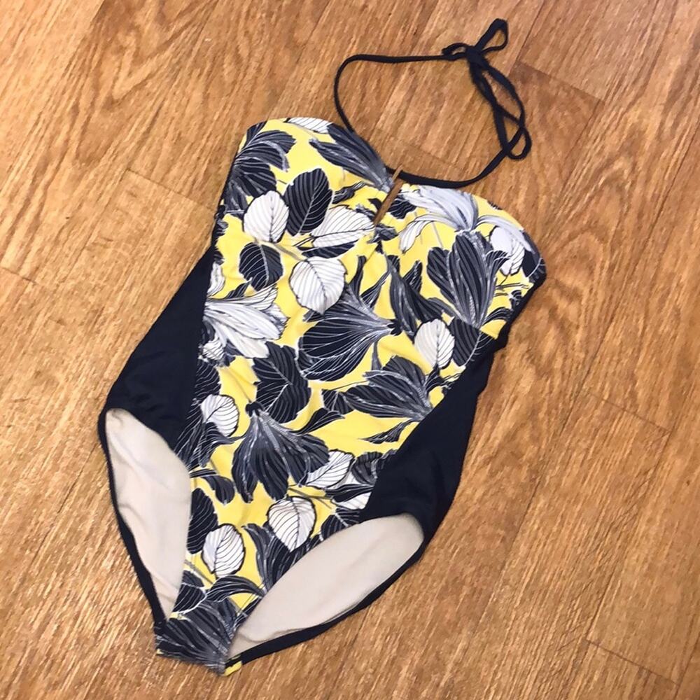Merona Blue, Yellow, and White Floral One Piece Halter Style Swimsuit Size Small